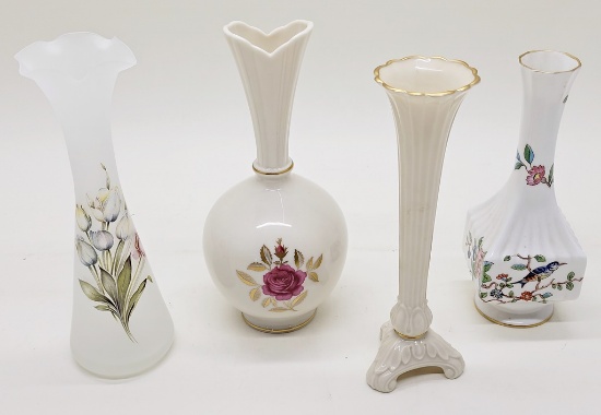 4 Vases - 2 Lenox, 1 Aynsley England, 1 Viking 8" Satin Glass W/ Hand Paint