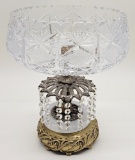 Extra Large Cut Glass Compote W/ Prisms And Marble & Cast Base - 13