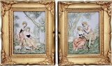 2 French Bisque Porcelain Plaques - Courting Couple & Ladies W/ Lamb, Frame