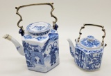 2 Blue & White Teapots W/ Brass Handles - Largest Is 12