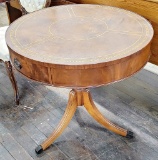 Vintage Round Mahogany Table W/ Drawer & Leather Top - 28