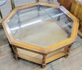 Vintage Wood & Beveled Glass-Top Hexagon Coffee Table - 38