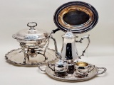 Silverplated Chaffing Dish & Tray;     Vintage Silverplated 4-piece Coffee
