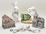 2 Cottontail Lane Easter Villages;     2 Large Bunny Decor - Tallest Is 12