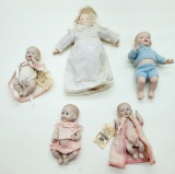 5 Small Bisque Baby Dolls - Heubach, Kestner, Reproductions By Shackman Etc