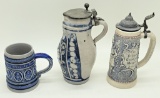 3 Blue & Gray Salt Glazed Beer Steins - Tallest Is 9½