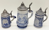 3 Blue & Gray Salt Glazed Beer Steins - Tallest Is 9½