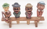 4 Germany Animated Wood Carved Bottle Stoppers W/ Stand