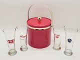 4 Glass Beer Pilsners;     Vintage Red Ice Bucket - 12