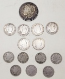 6 Silver Barber Quarters;     7 Liberty Head 