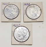 3 Peace Silver Dollars - 1922, 1922S, 1923s