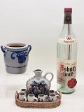 Small West Germany Decanter & 6 Mini Steins W/ Tray;     Salt Glazed Jar W/