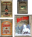 4 Mirrored Beer Signs - White Horse Whisky, Gordons Gin, Southern Comfort,