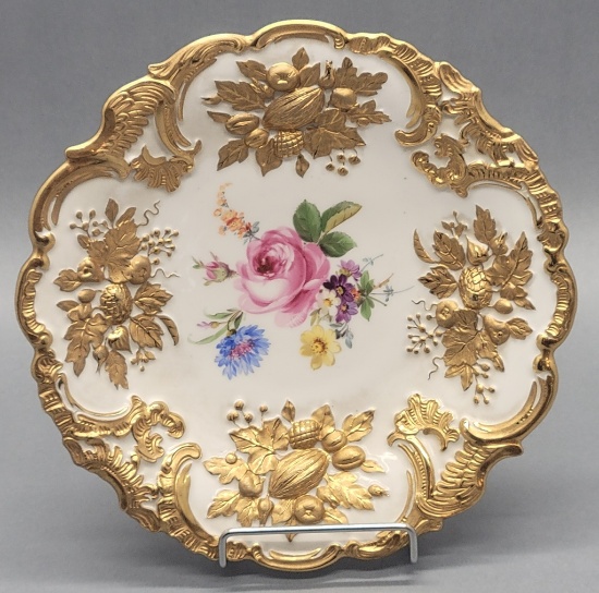 Meissen Cabinet Dish Decorated W/ Heavy Gold Gilded Border & Floral Hand Pa