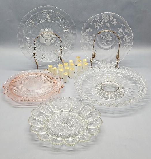 4 Vintage Glass Trays;     Glass Egg Tray;     15 Lusterware Shakers