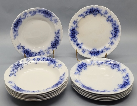 7 Flow Blue Bowls - 9¼";     6 Flow Blue Plates - 9½"