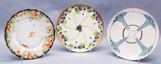 3 Lovely Art Nouveau Hand Painted 8" Plates