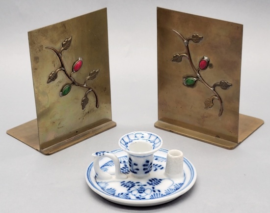 Meissen Blue Onion Candlestick W/ Match Holder & Striker;     Pair Older Vi