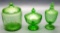 Green Uranium Glass - Includes: Biscuit Jar, Candy Dish W/ Lid & Tall Candy