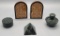 Pair Inlaid Wooden Bookends;     3 Pieces Marble