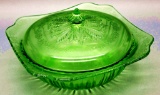 Jeanette Glass Co. Green Uranium Depression Glass Covered Vegetable Bowl -