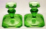 Pair Jeanette Glass Co. Green Uranium Depression Glass Candlesticks - 4