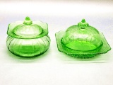 Jeanette Glass Co. Green Uranium Depression Glass Round Butter Dish - 6