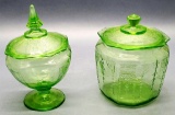 Green Uranium Glass Princess Pattern - Includes: Candy Dish W/ Lid & Biscui
