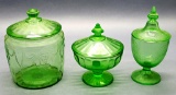 Green Uranium Glass - Includes: Biscuit Jar, Candy Dish W/ Lid & Tall Candy