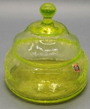 Rare Hand Made In Italy Vaseline Glass Candy Dish W/ Lid - 6½