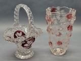 Large Cranberry & Clear Basket - 11