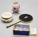Vintage Irice Jeweled Owl Hand Mirror;     Hand Etched Music Box;     Lefto