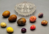 10 Marble Eggs In Pressed Glass Bowl