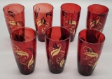 7 Anchor Hocking Royal Ruby Glass Glasses W/ Gold Flowers - 5½