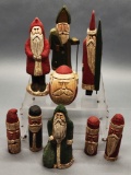9 Hand Carved Wooden Santas - By Ed Gilliam, Largest Is 8¾