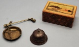 Wooden Puzzle Box;     Small Brass Scale;     Old Shop Bell