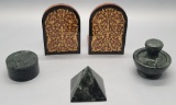 Pair Inlaid Wooden Bookends;     3 Pieces Marble