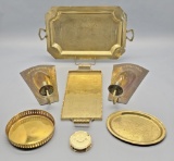 Estate Lot Vintage Brass Items - Includes 4 Tray, 2 Candle Sconces, Calenda