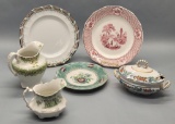 Estate Lot Old Transferware - Includes 3 Plates, Covered Tureen, 2 Pitchers