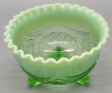 Antique Celtic Knot Green Vaseline 3-footed Glass Bowl - 4