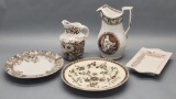 5 Pieces Brown Ironstone Transferware - Pitcher Is 9