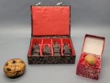 Hand Painted Gourd Box;     Rattle;     Set Of 4 Black Clay Figures In Box