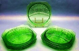7 Jeanette Glass Co. Green Uranium Depression Glass Grill Plates - 9¼