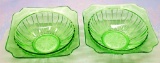 2 Jeanette Glass Co. Green Uranium Depression Glass Square Vegetable/Berry
