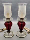 Pair Ruby Lamp Bases W/ Etched Shades - Bases Of Shades Are Chipped, 14½