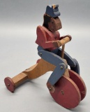 Vintage Wood Folk Art - Handmade Figure On Tricycle, Missing Push Stick
