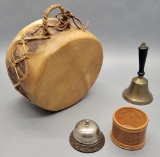 Handmade Drum;     Old Brass & Wooden School Bell;     Siberian Birch Baske
