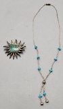 Signed .925 & Turquoise Brooch & Necklace