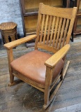 Nice Arts & Crafts Era Mission Oak Rocker W/ Leather Seat - 25