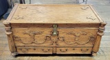 Carved Heavy Wooden Chest - Original Lock Loose Inside, Some Loss, 45½